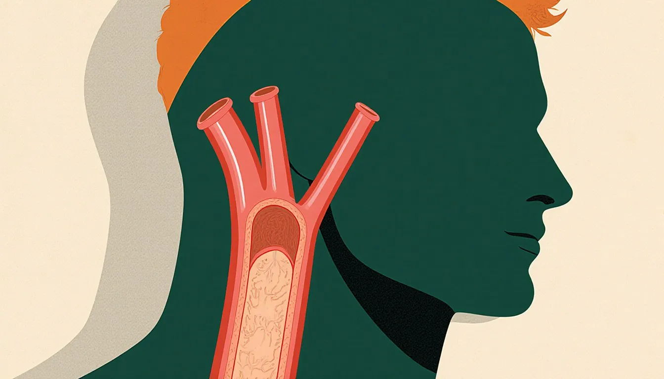 Stylized illustration of the carotid artery and its bifurcation in the neck, representing TIA treatment