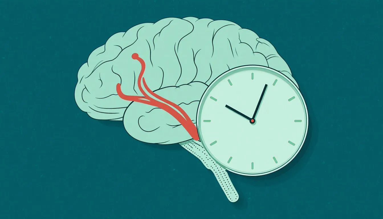 Stylized brain with a highlighted artery and clot, beside a plain clock face symbolizing time-critical urgency.