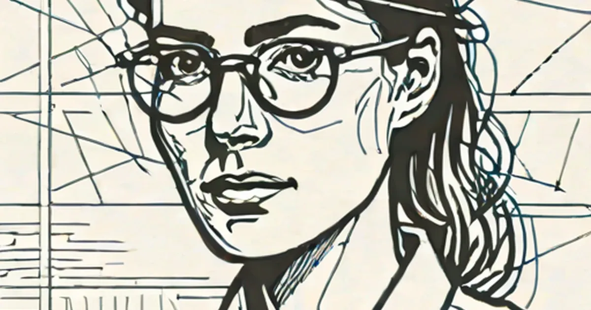 Stylized portrait of a serious-looking person wearing glasses and long dark hair