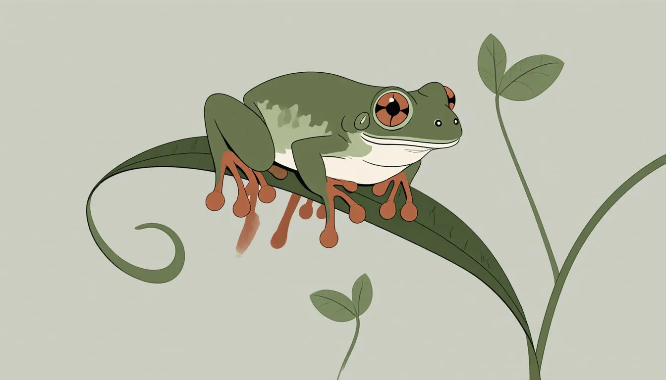Illustration of a tree frog with large eyes and sticky toe pads perched on a curled leaf