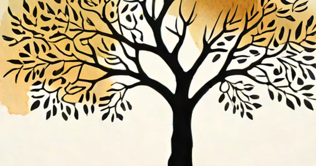 Black tree with delicate leaves on a warm golden and cream gradient background