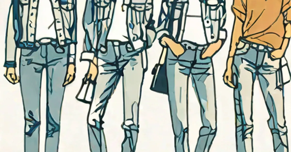 Illustration showing six people wearing different styles of denim jeans