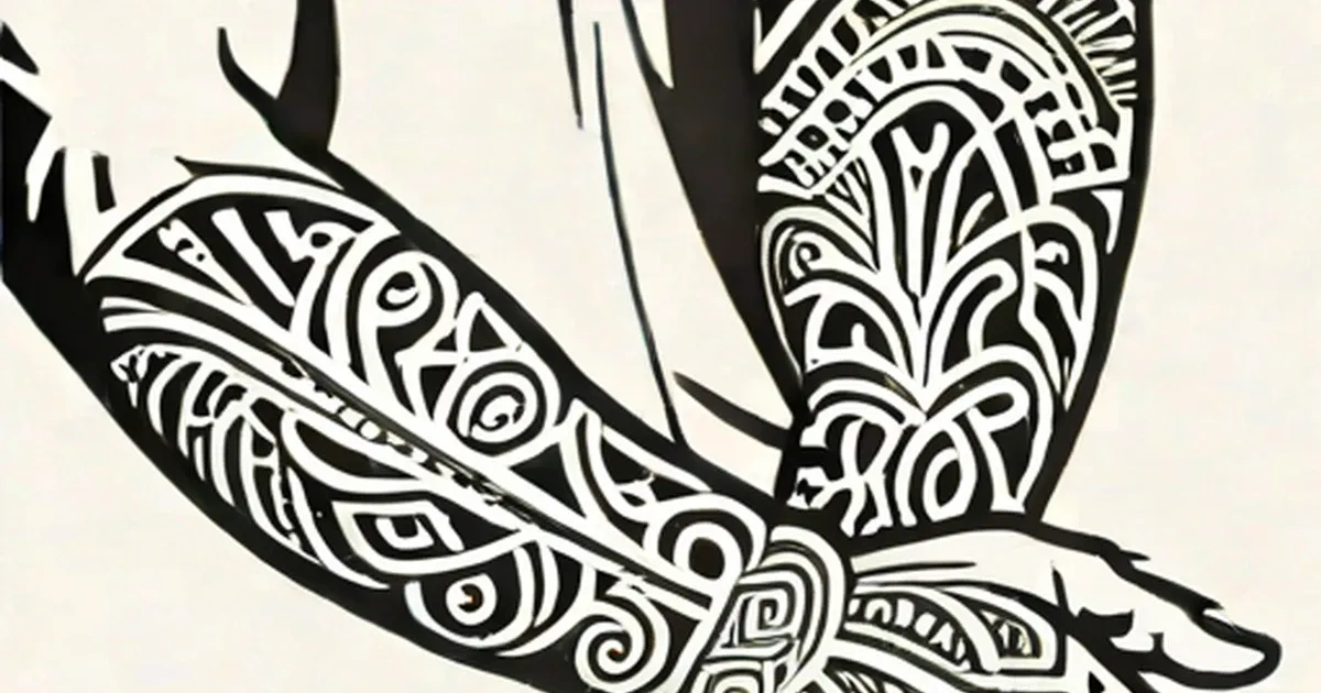 Two arms with black geometric tribal tattoos and spiral patterns