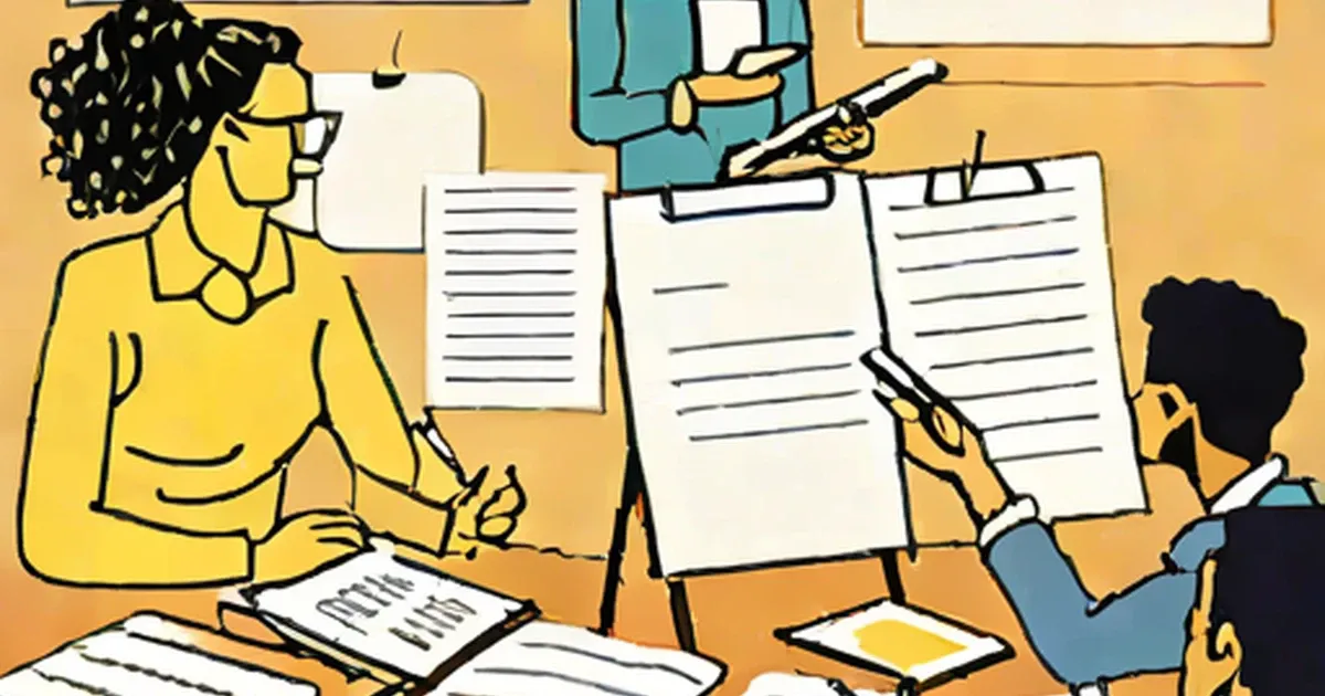 Two adults reviewing and writing on documents together