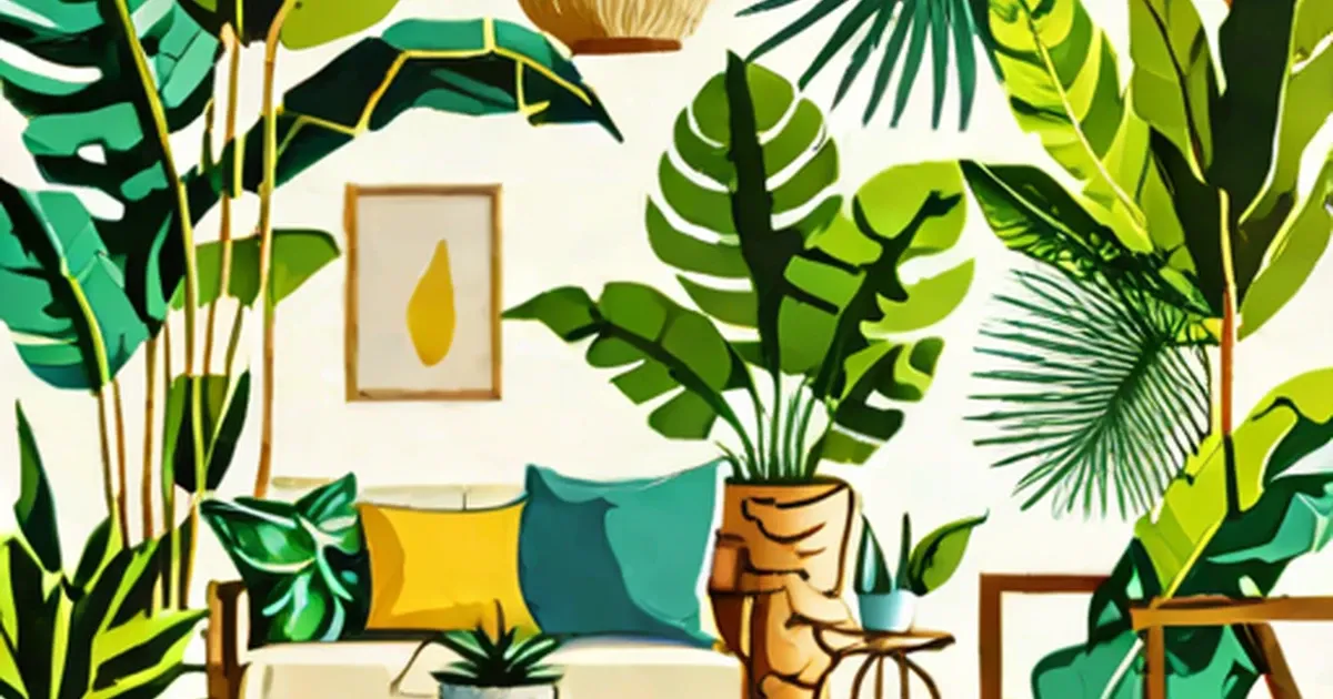 Illustrated room with monstera leaves, palm plants, cream sofa, and wood side table