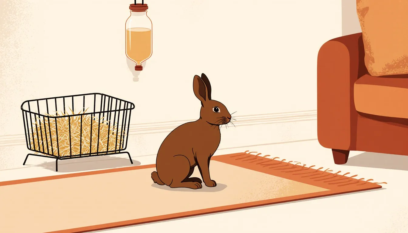 An alert pet rabbit sits indoors on a rug beside a hay rack and water bottle