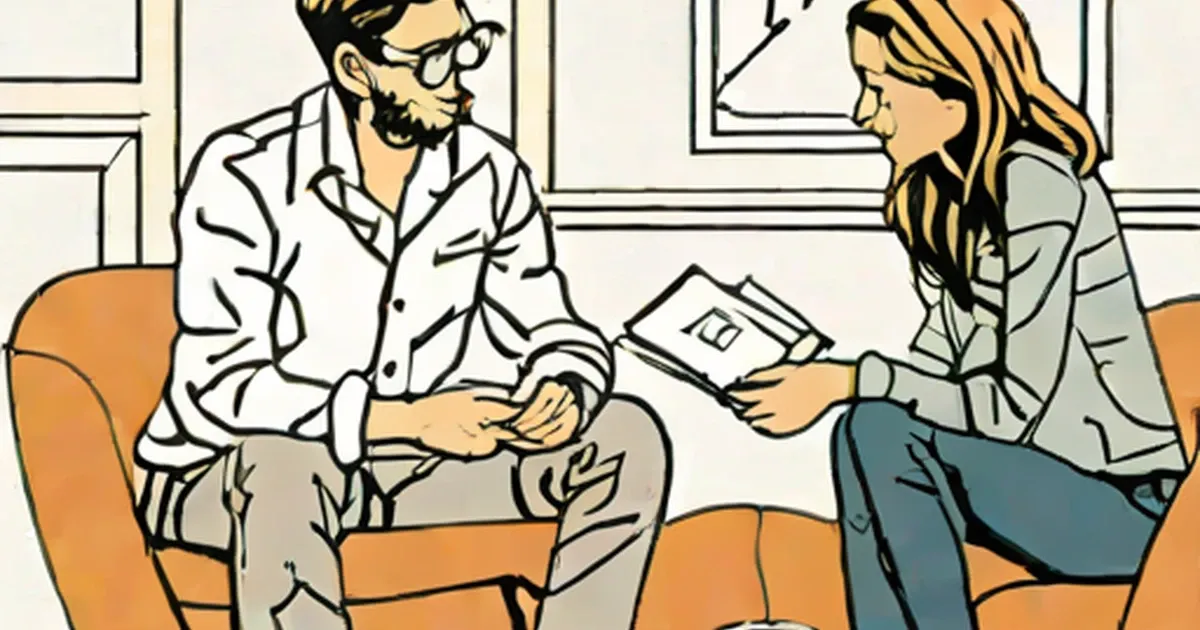 Couple sits on an orange couch, one holding a question card