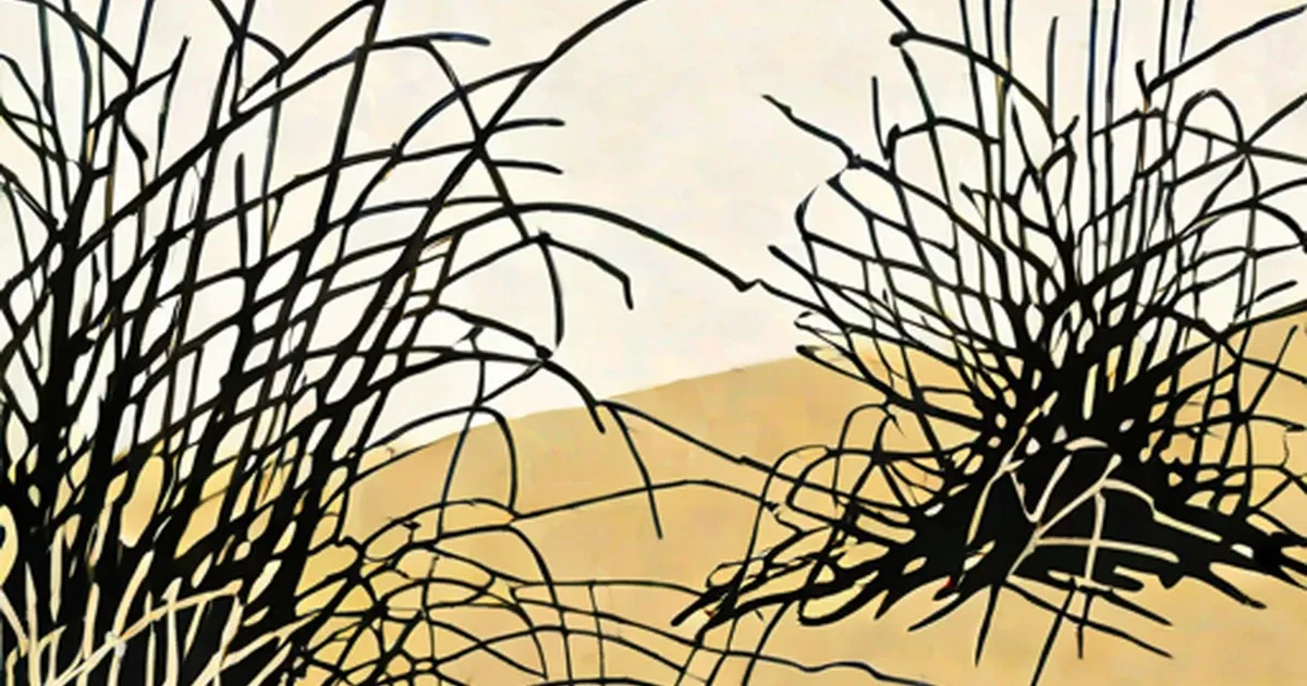 Tumbleweeds scattered across sandy terrain beneath rolling hills