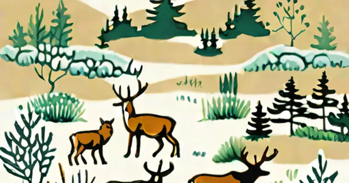 Illustrated tundra with caribou, moss, grasses, shrubs, and coniferous trees