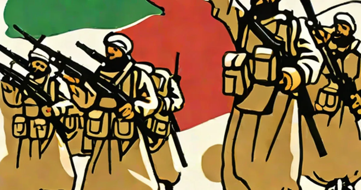 Stylized drawing of armed fighters holding rifles