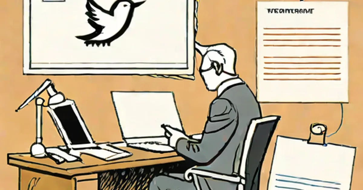 Illustration of a person at desk with laptop and framed Twitter bird logo