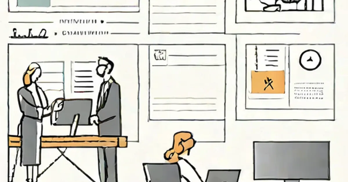 Business professionals work with organizational structure charts and diagrams