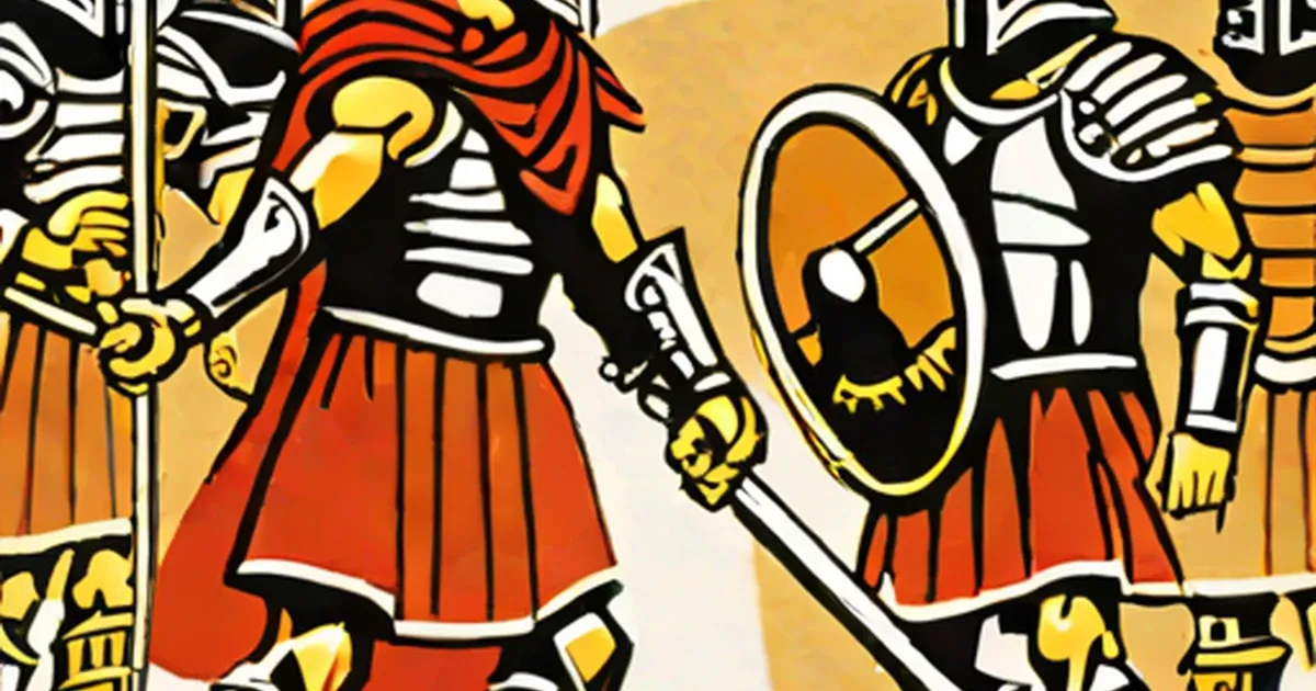 Graphic illustration of armored Roman gladiators with shields and weapons
