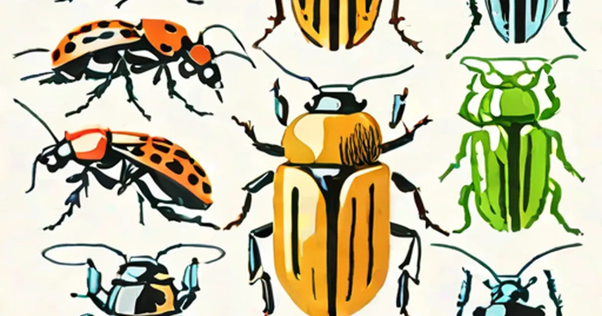 Illustrated collection of colorful beetles in orange, green, yellow, and blue