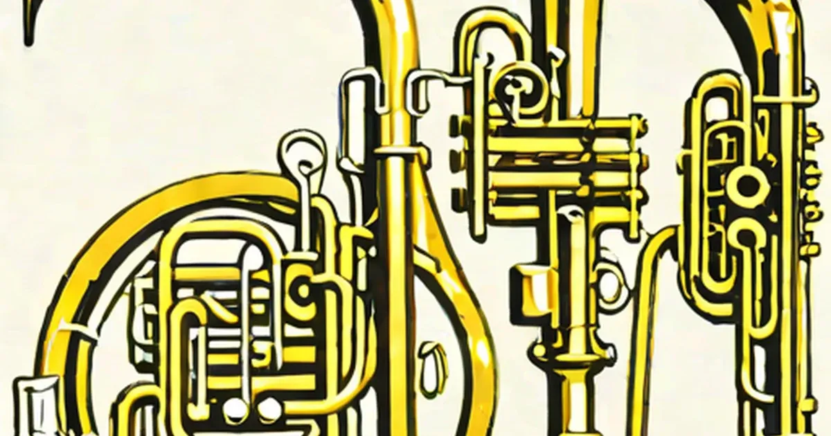 French horn and trumpets illustrated with detailed valve mechanisms