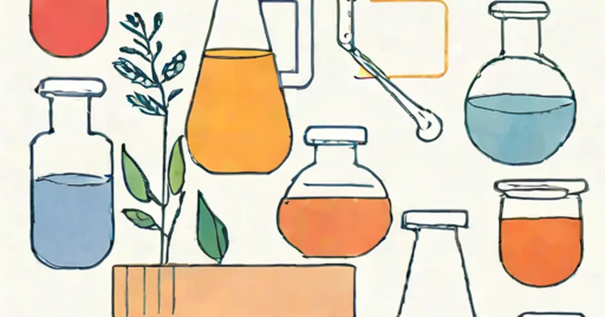 Laboratory flasks, beakers, and chromatography paper with colored separation bands