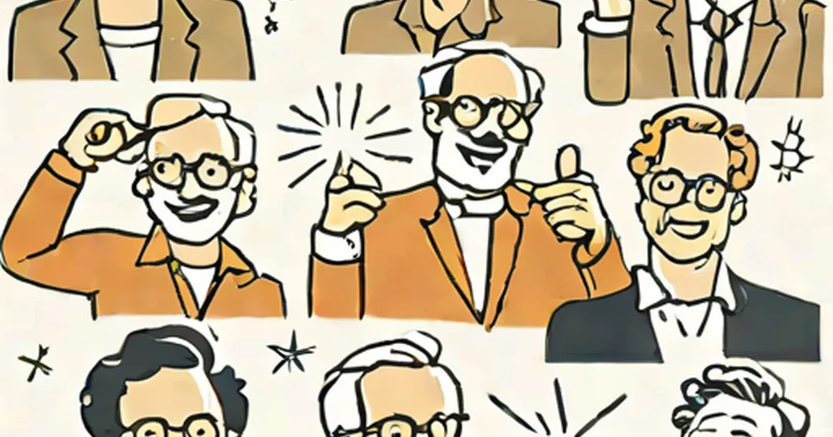 Cartoon comedians with exaggerated smiling expressions and formal suits