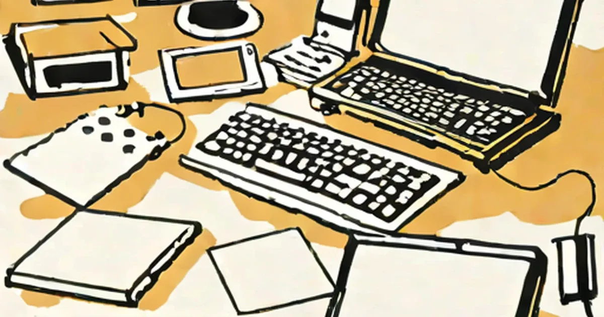 Computer hardware components including keyboards, laptop, monitors, hard drives, and mouse