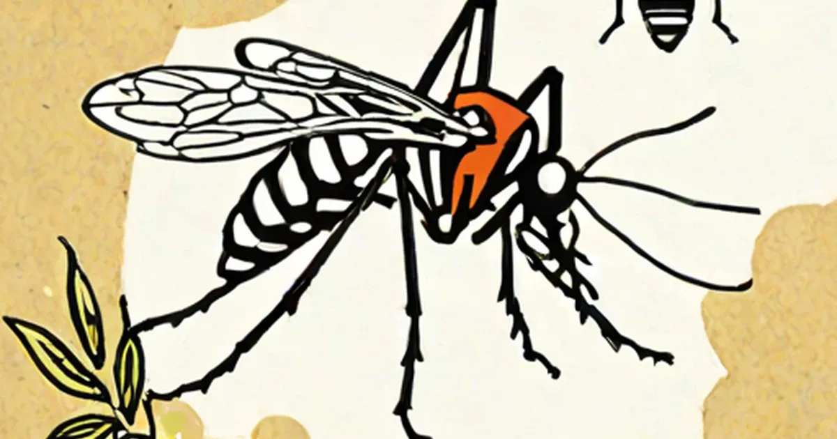 Mosquito with orange thorax, black and white striped abdomen, transparent wings