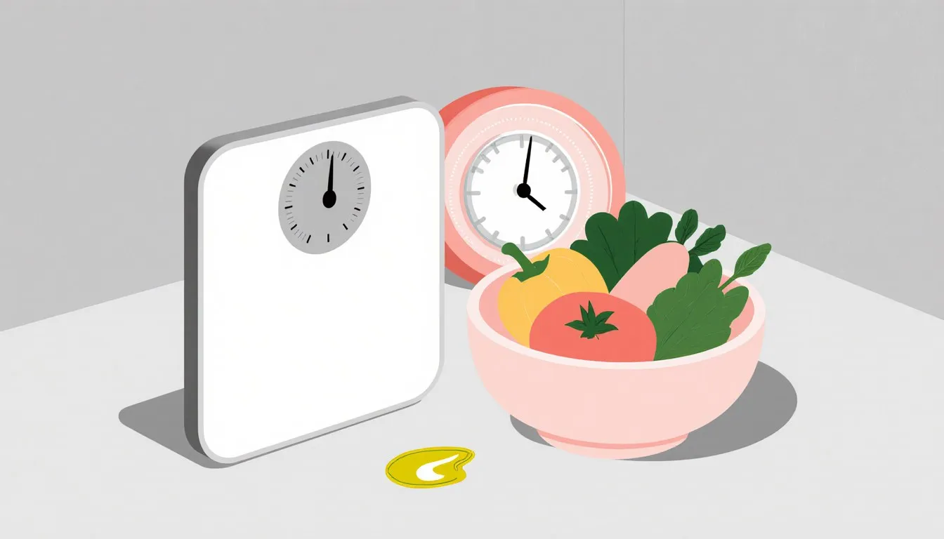 A bathroom scale, a clock, and a bowl of fresh vegetables beside a drop of olive oil, arranged as a still life about diet