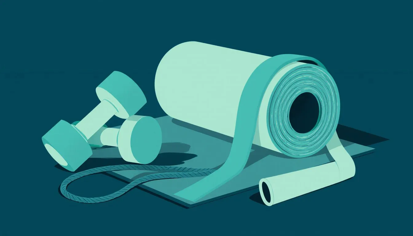 Two dumbbells, a coiled rope, and a rolled exercise mat with a stretch band draped over it, arranged together