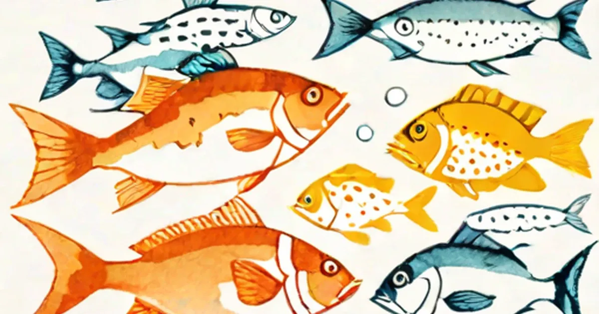 Several illustrated fish species in blue, orange, and yellow