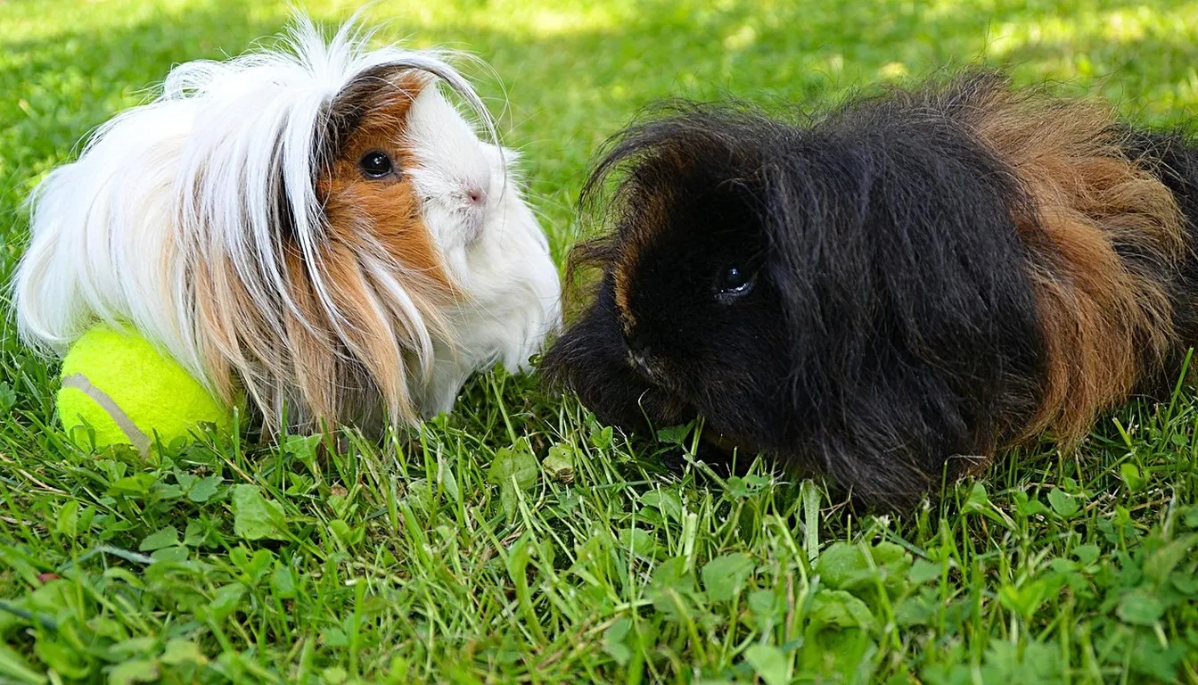 Two guinea pigs of different coat types on a lawn