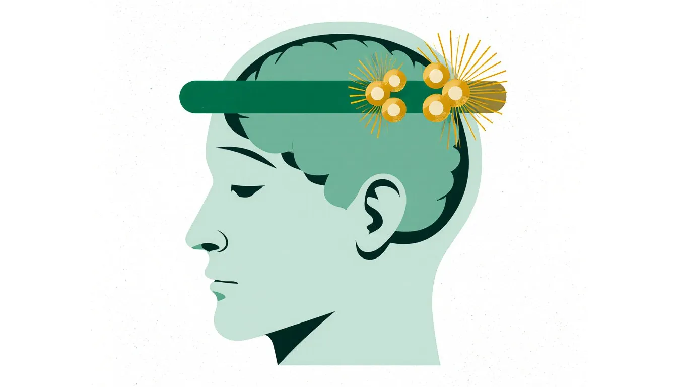 Side-profile illustration of a head and brain with two distinct pain patterns: a tight band and a radiating burst