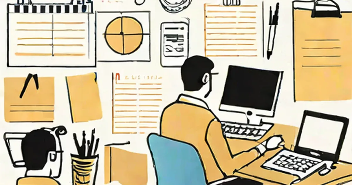 Professional at desk surrounded by marketing charts, papers, and equipment