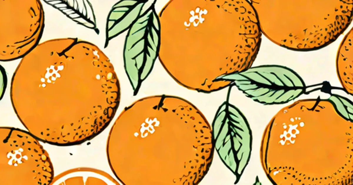 Illustrated oranges and a sliced orange with green leaves on cream background