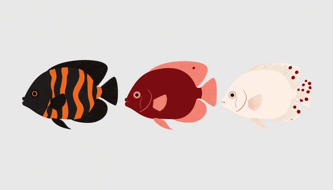 Three Oscar cichlid varieties shown side by side: a tiger oscar, a red oscar, and an albino oscar with red markings