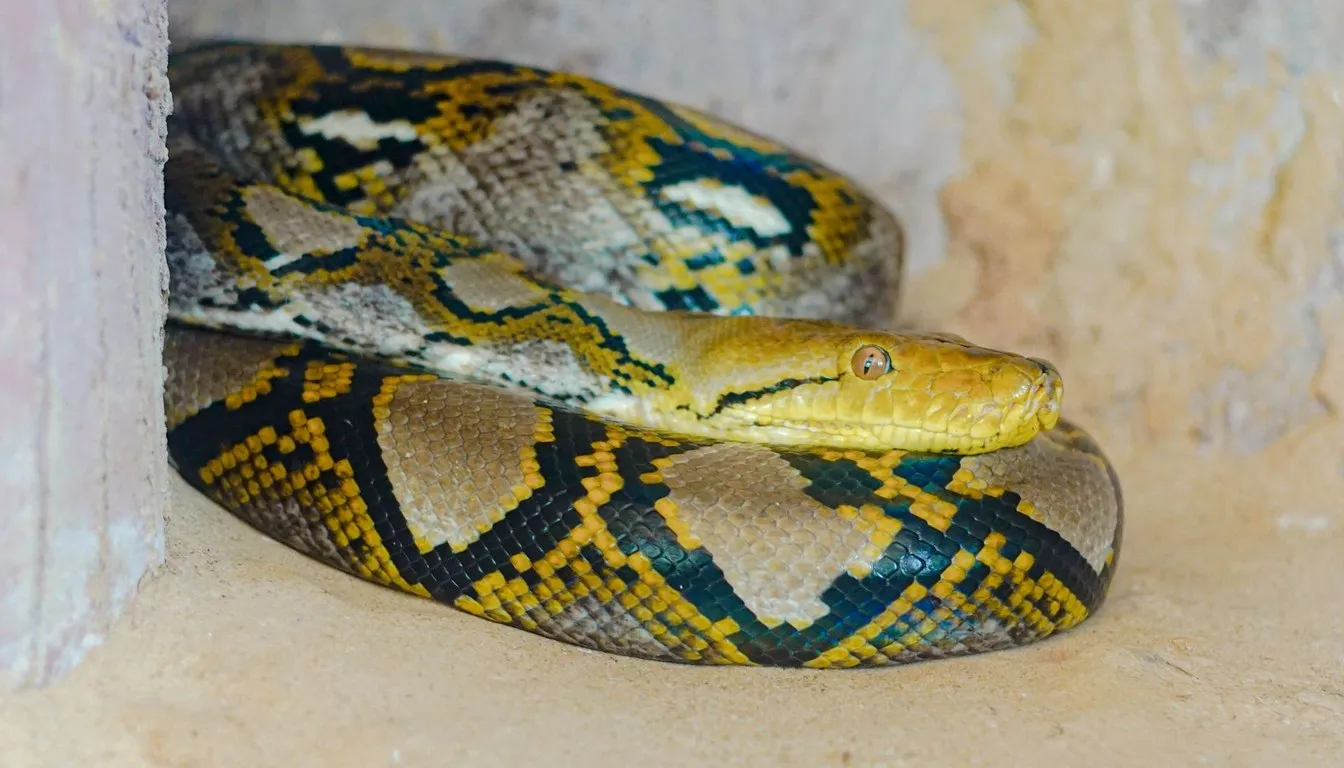 A reticulated python coiled in a corner of its enclosure