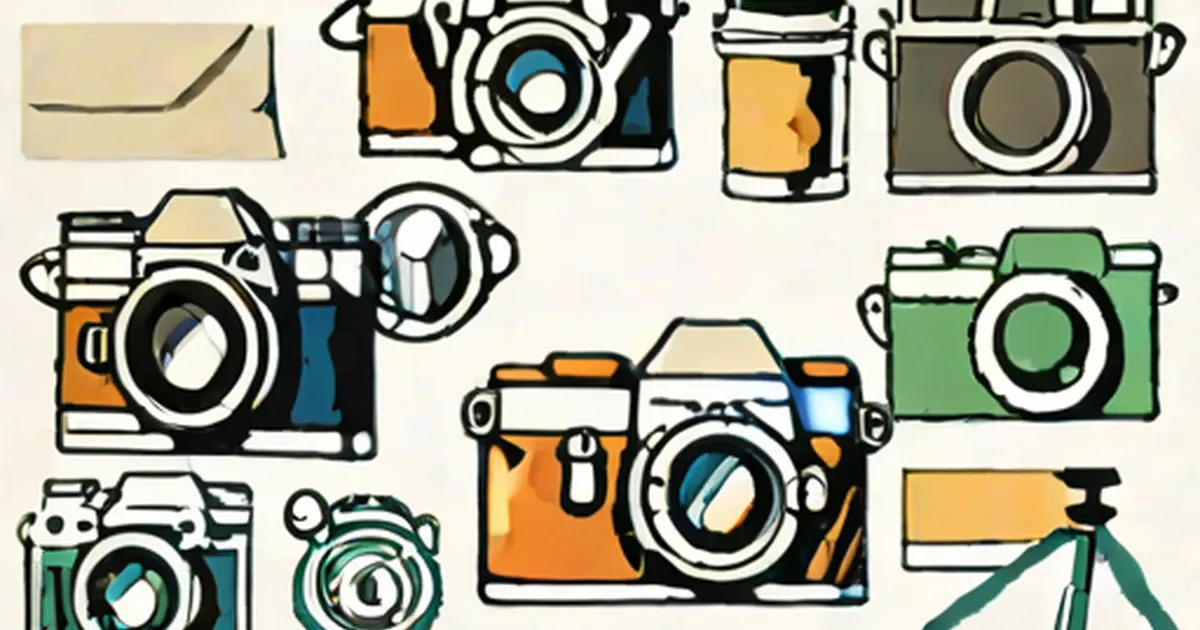 Illustrated cameras in various styles and bright colors arranged on a light background