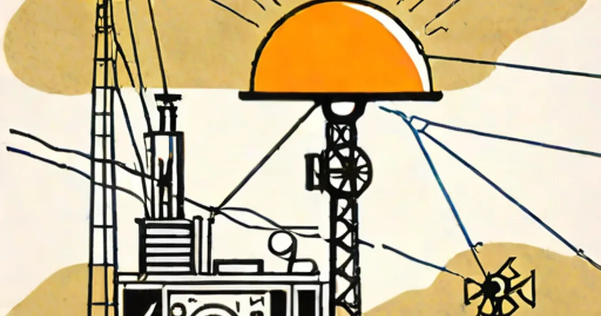 Illustration of nuclear power facility with dome reactor and transmission towers