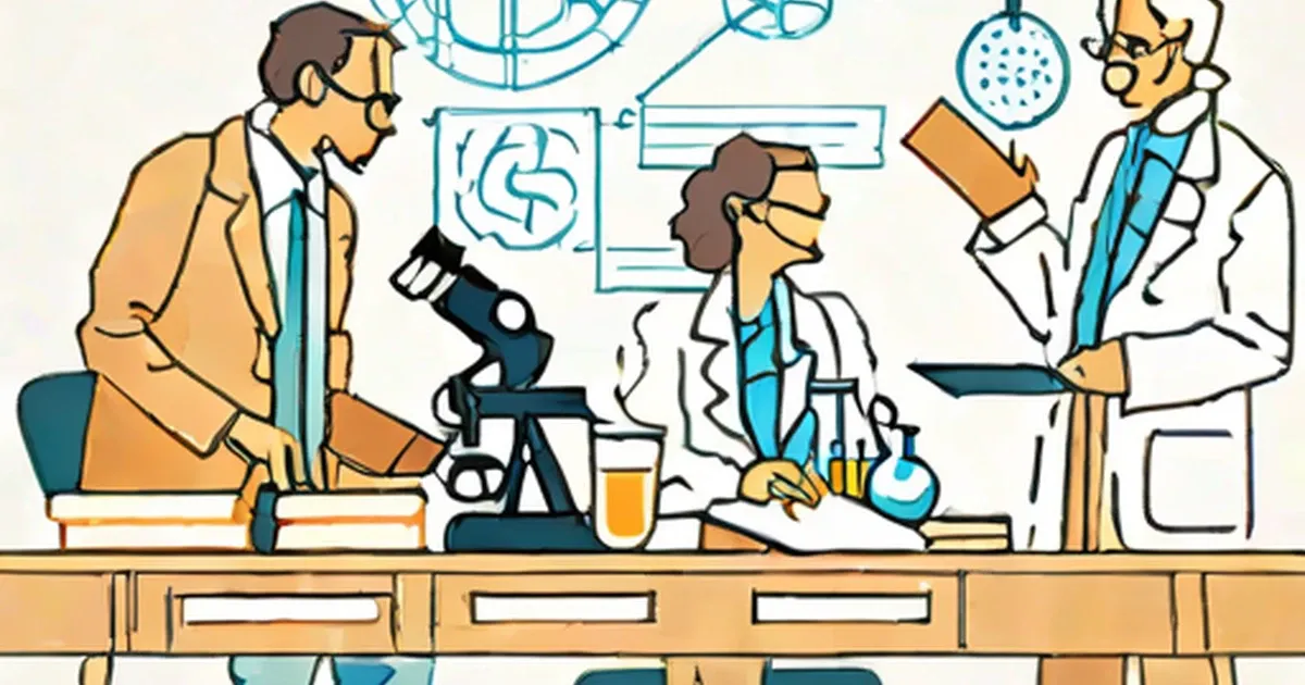 Diverse scientists work at a lab bench with microscopes and laboratory equipment