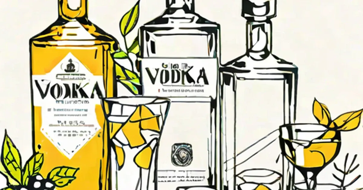 Three vodka bottles with yellow and white labels amid decorative botanical illustrations