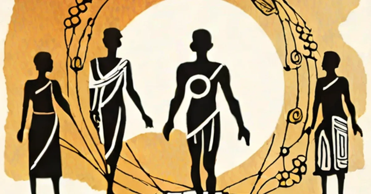 Five silhouettes in traditional African dress arranged in a circle with decorative vine elements and a golden background