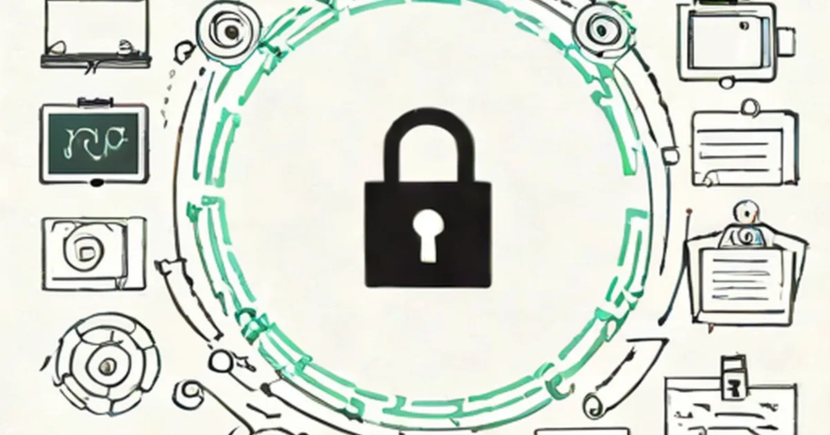 Padlock with keyhole surrounded by connected device icons in a circle