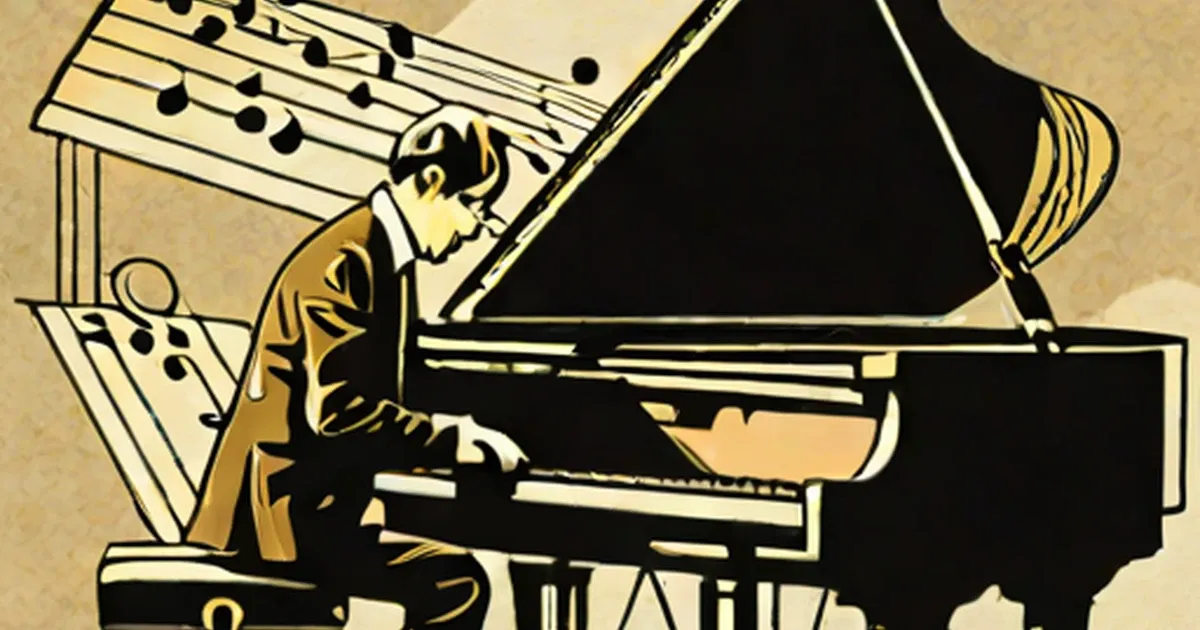 Figure in gold and black seated at a grand piano with sheet music above