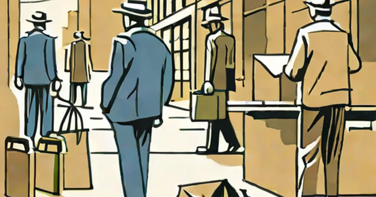 Men in suits and fedoras stand with suitcases on a street