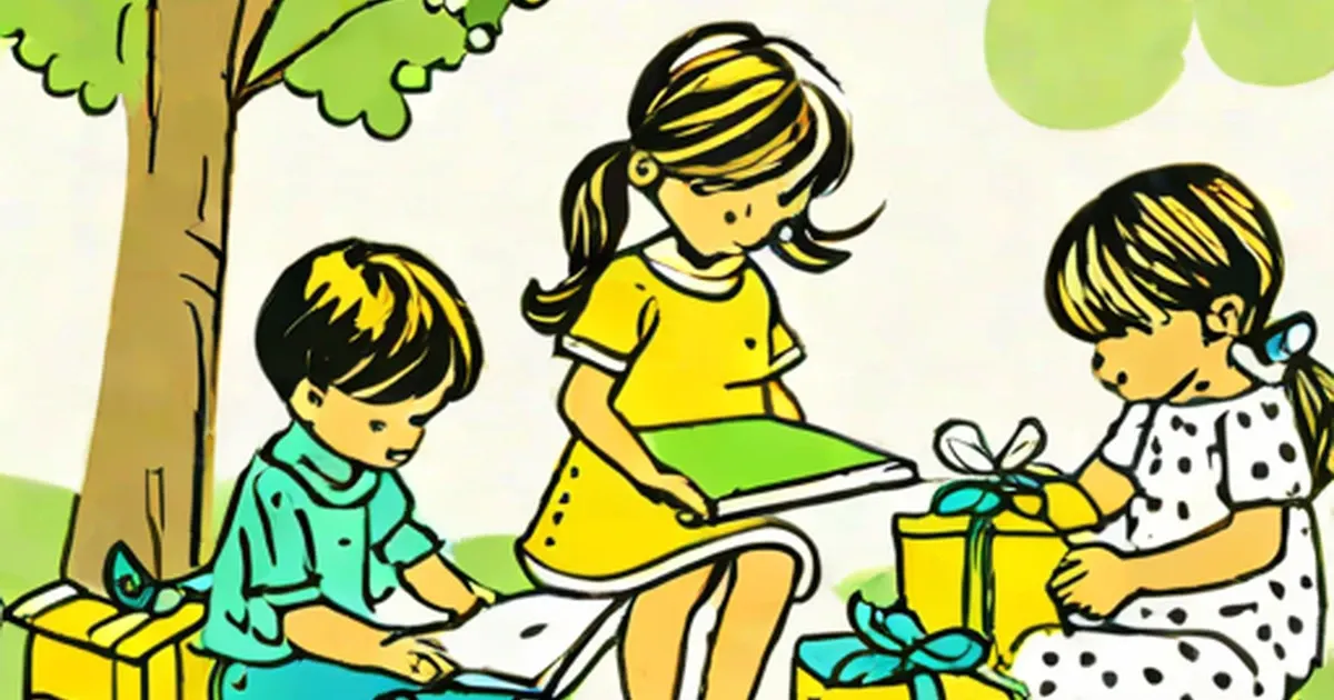 Three illustrated children opening wrapped gift boxes under a tree