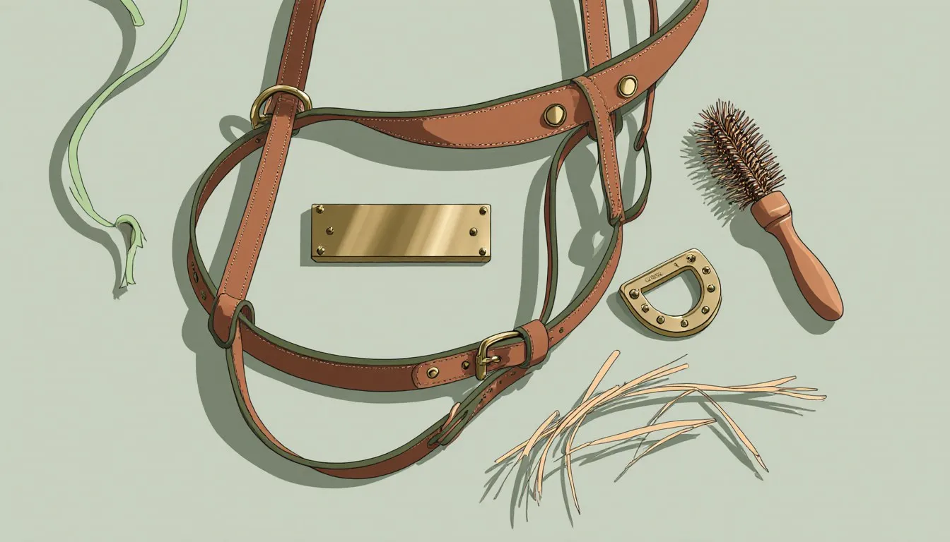 A leather halter with a blank nameplate, a horseshoe, and a curry brush arranged together