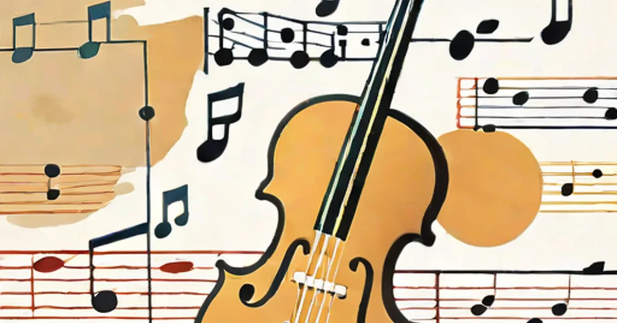 Golden violin surrounded by musical notes and staff lines on a cream background