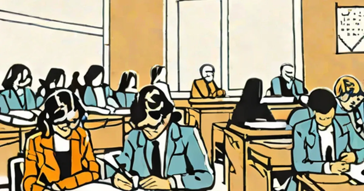 Students seated at desks in a classroom with large windows