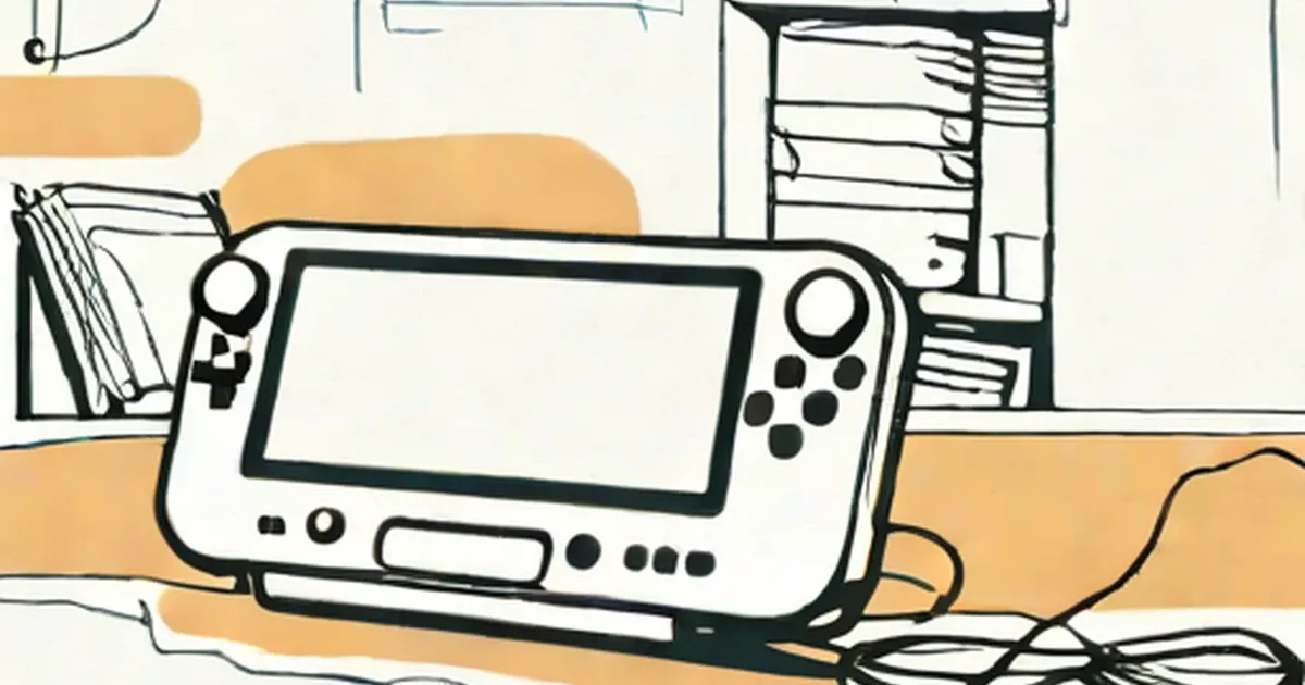 Wii U GamePad on a desk with shelves and books behind it