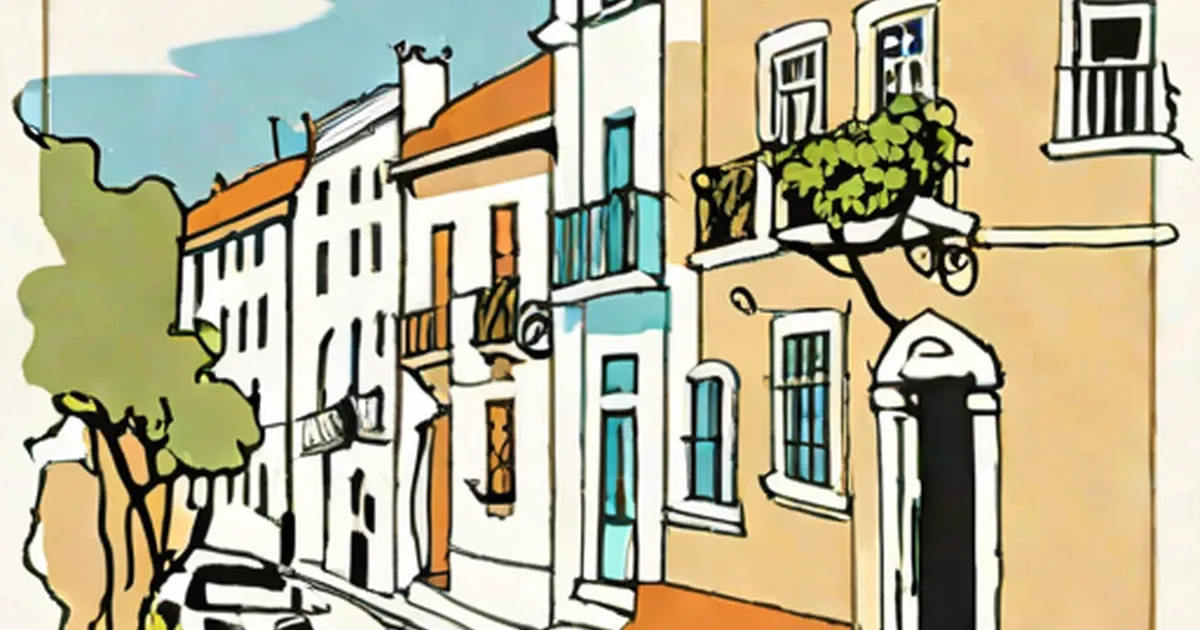 Illustrated colonial street with white buildings, orange roofs, and turquoise doors