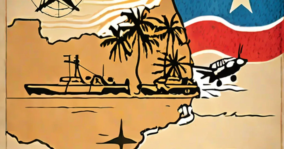 Illustrated map of Cuba with ship, airplane, and targeting crosshairs