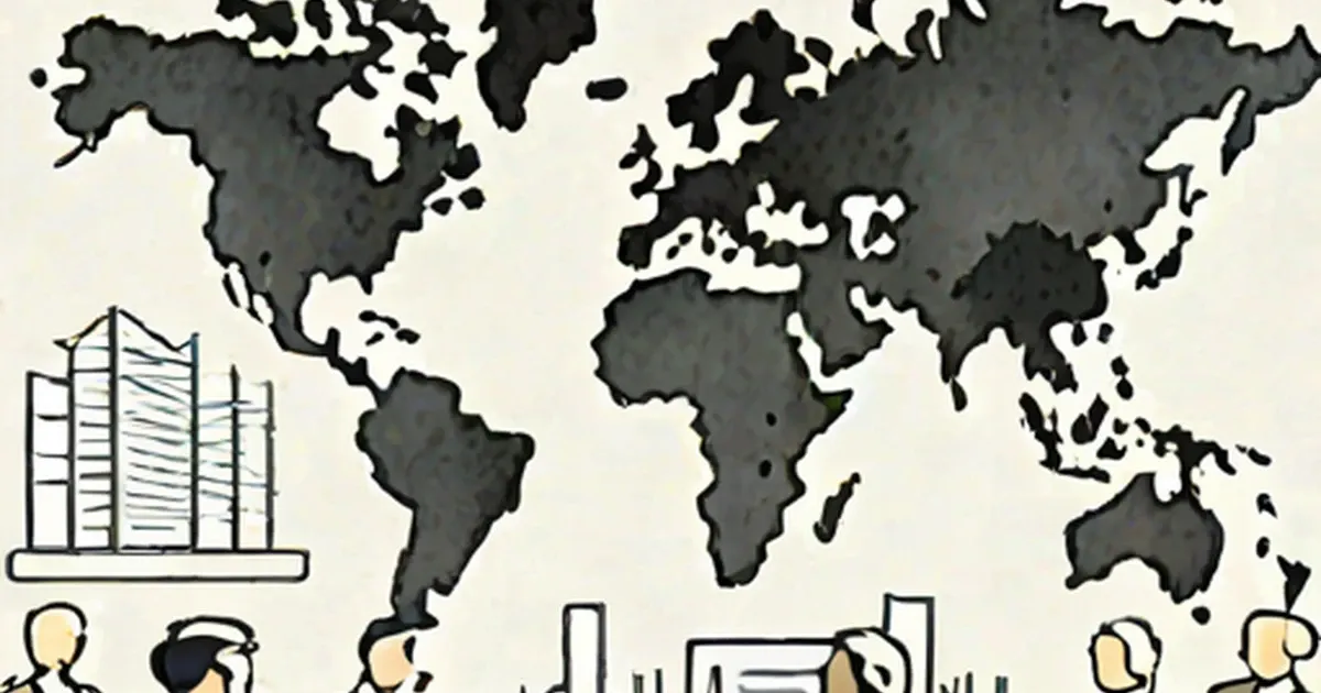 World map with skyscraper and people silhouettes representing global economics