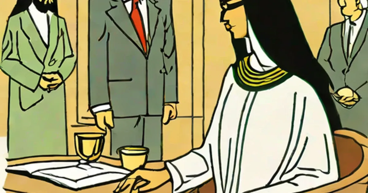 Woman in white abaya seated at formal meeting with suited officials