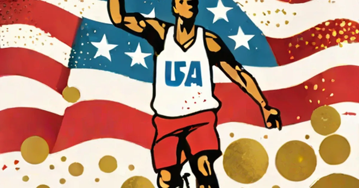 USA basketball player in white jersey with ball, American flag, and gold medals